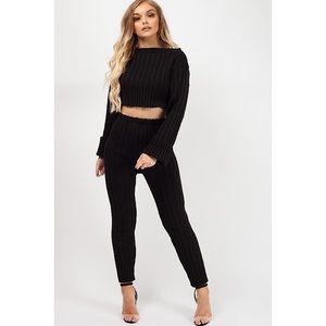 Black Ribbed Knit Pants Set Medium/Large Stretch